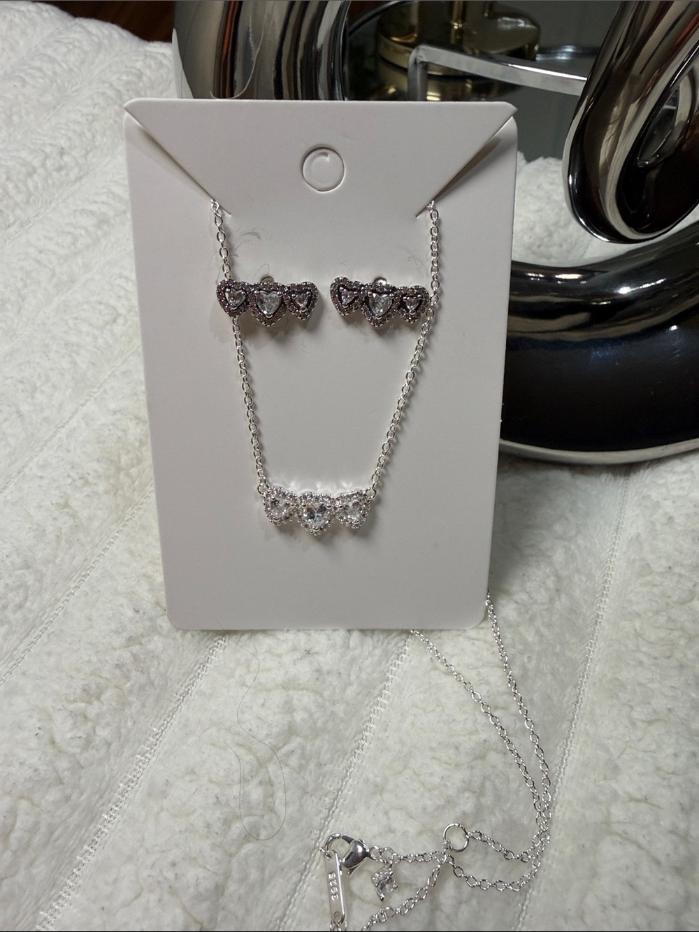 Silver Crystal Heart Necklace and Earrings Set 925